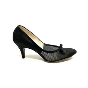 Vintage 1950s black illusion netting slip on bow pumps